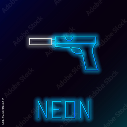 Glowing neon line Pistol or gun with silencer icon isolated on black background. Colorful outline concept. Vector.