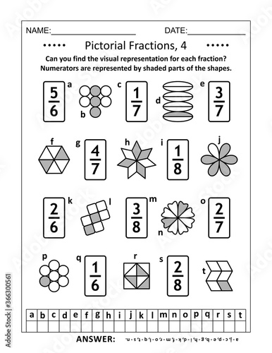 Educational math puzzle. Pictorial representation of fractions, reperesented by various shapes, recognition worksheet. Answers included.
