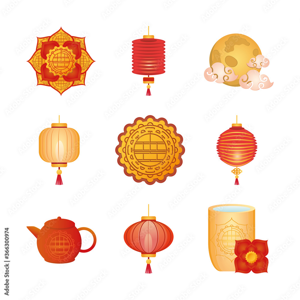 set of icons mid autumn festival or chinese moon festival set of icons mid autumn festival or chinese moon festival