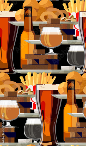Bar food and craft beer seamless pattern in yellow golden hue.Vector alcohol and snacks poster with bottles, glasses of ale,onion rings,fried calamari, garlic croutons, fries for decoration club, pub.