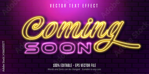Coming soon text,  neon style editable text effect
