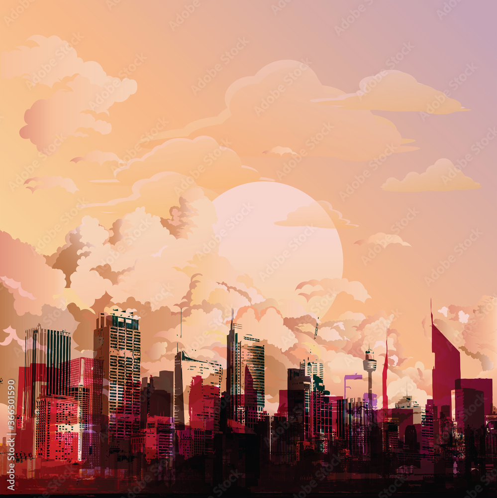 Generic silhouetted stylized urban city skyline set against a stunning dawn or dust pink sky