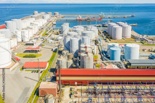 Aerial view of Liquid Bulk petroleum and gasoline terminals, pipeline operations, distributes petroleum products.