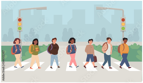 Mix race, multi ethnic children crossing street along crosswalk. School pupil walking across pedestrian crossing. Road safety rules for kids, educational illustration. Vector flat.