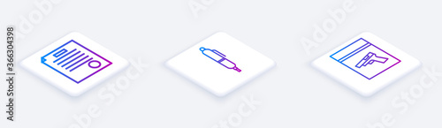 Set Isometric line The arrest warrant, Pen and Evidence bag and pistol or gun. White square button. Vector.