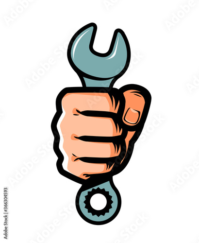 Hand with wrench. Technical support, maintenance, industry concept