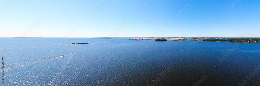 Aerial panoramic summer view of island Mussalo in Baltic Sea, Kotka, Finland