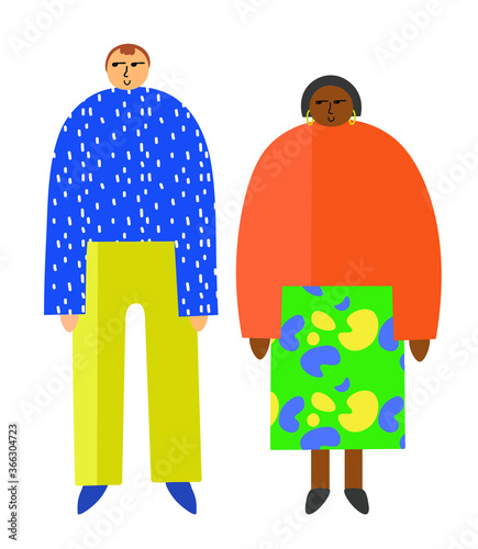 vector illustration of interracial couple family husband and wife of different races. different ethnos, a nation of women and men. African American and white husband. African patterns on clothes.