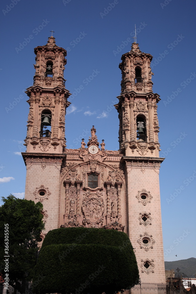 View of Santa Prisca Church at main plaza  in Taxco, Mexico 