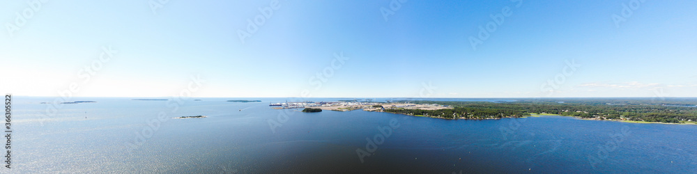Aerial panoramic summer view of island Mussalo in Baltic Sea, Kotka, Finland