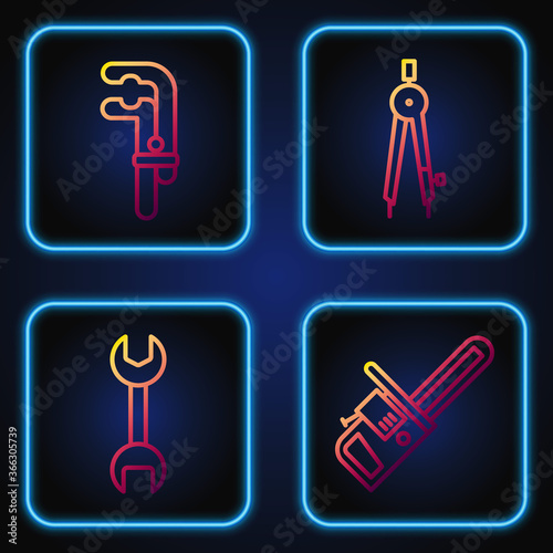 Set line Chainsaw, Wrench spanner, Clamp tool and Drawing compass. Gradient color icons. Vector.