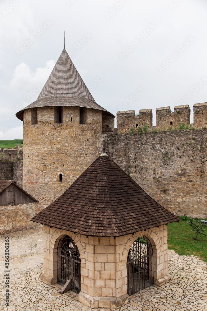 Medieval stone castle in Ukraine, Khotin, tourist attraction. Fort, defensive structure, fortress.