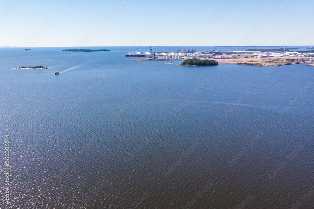 Aerial panoramic summer view of island Mussalo in Baltic Sea, Kotka, Finland