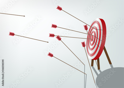 Multiple failed inaccurate attempts to hit archery target.