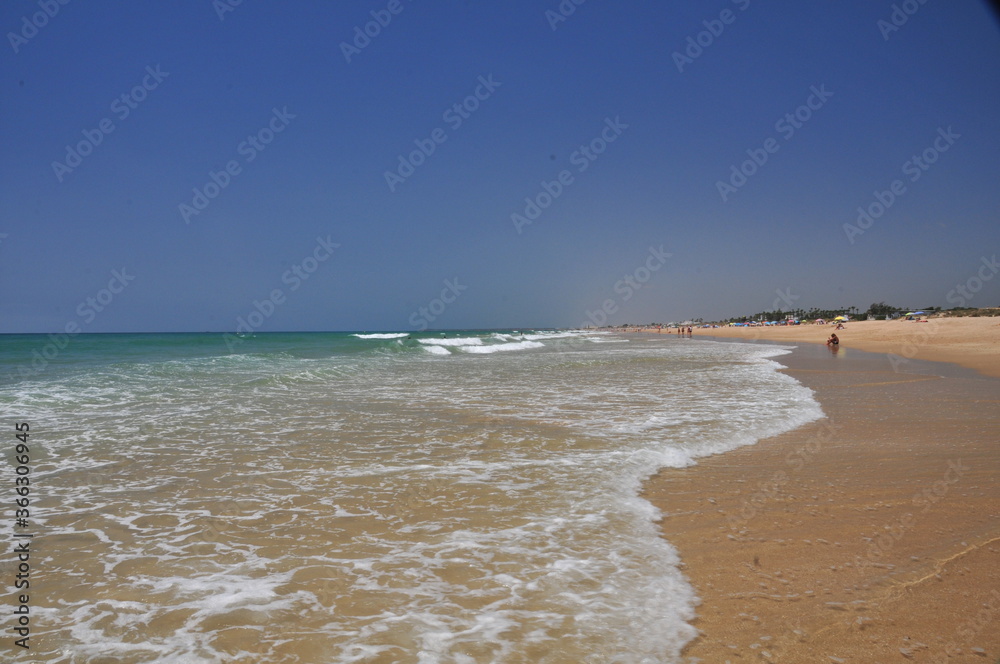 Enjoying big waves at the Playa El Palmar, Cádiz in July 2020, Andalusia