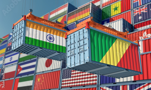 Shipping containers with India and Republic of the Congo flag. 3D Rendering 