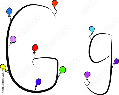 A festive font. Bright colored balloons. Birthday, anniversary, holiday atmosphere. Design of greeting cards and wedding invitations. Uppercase and lowercase Latin letter G in English. Concise design 