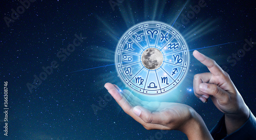 Zodiac signs inside of horoscope circle. Astrology in the sky with many stars and moons  astrology and horoscopes concept