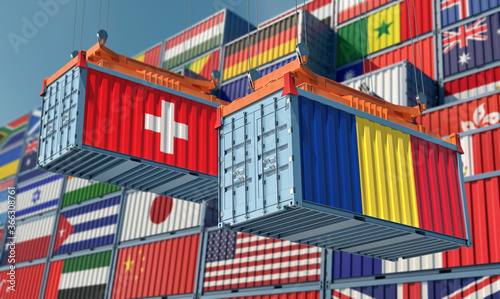 Freight containers with Switzerland and Romania flag. 3D Rendering 