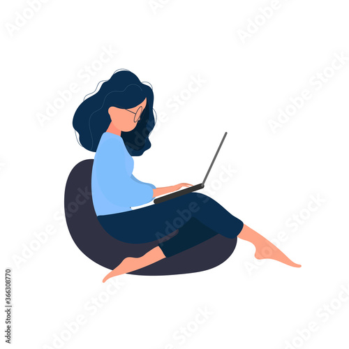 The girl sits on an ottoman and works at a laptop. A woman with a laptop sits on a large pouf. Isolated. Vector.