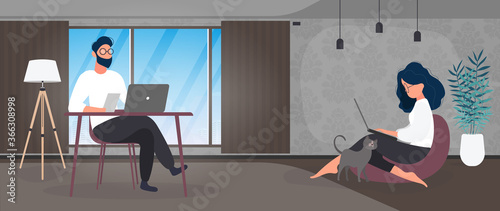 Work at home banner. The girl sits on a large pouf and works at a laptop. The guy sits at the table working on the computer. Vector.