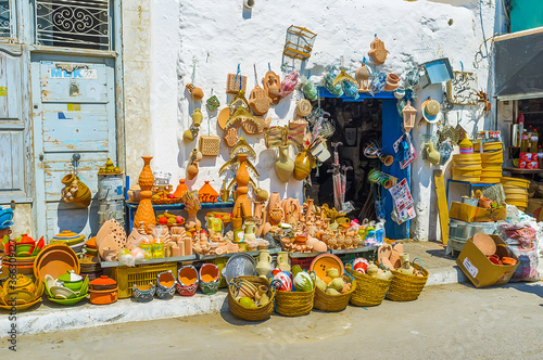 The pottery stall in old town market, on August 29, 2015 in Monastir, Tunisia