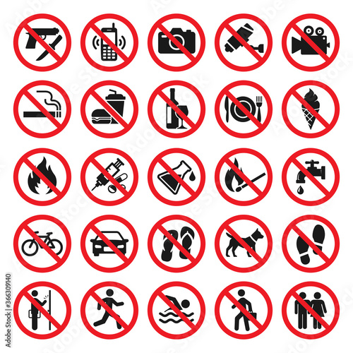 Prohibitions signs. Red prohibited icons set