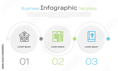 Set line Church building, Marriage contract and Holy bible book. Business infographic template. Vector.