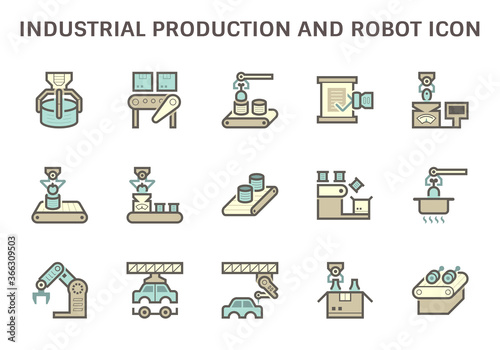 Industrial production robot and computer control vector icon set design.