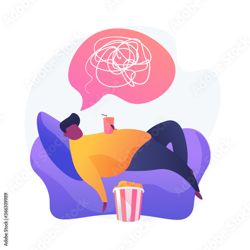 Overweight man cartoon character lying on armchair and drinking soda. Physical inactivity, passive lifestyle, bad habit. Sedentary lifestyle. Vector isolated concept metaphor illustration