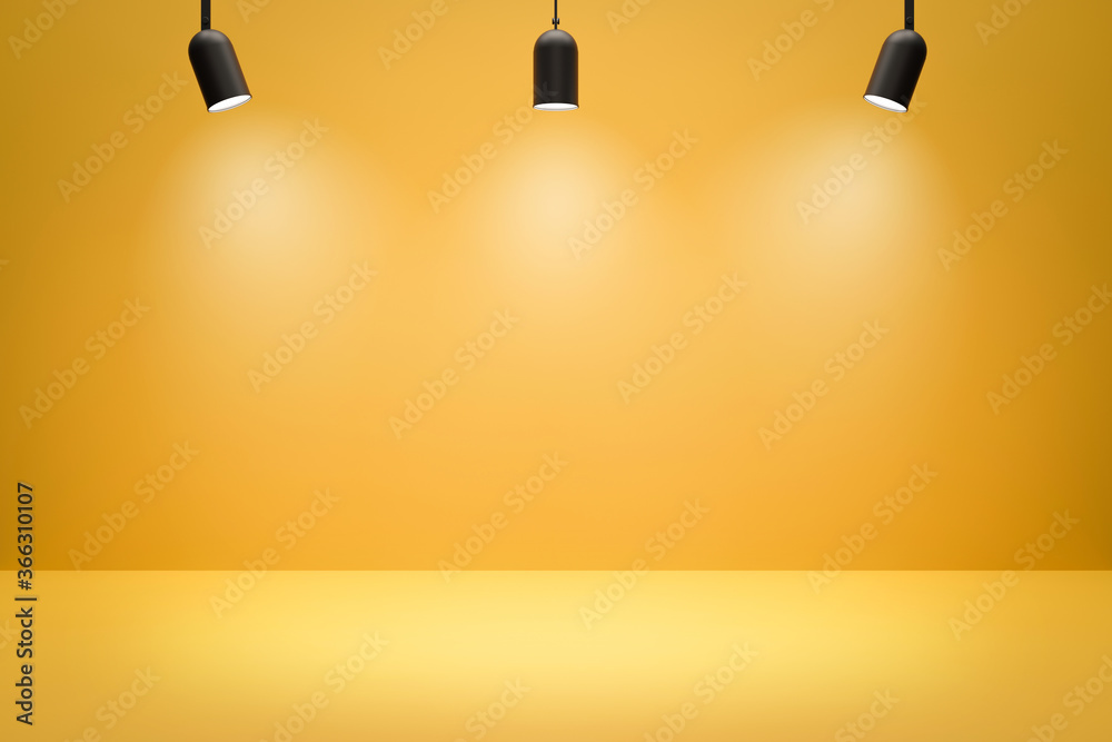 © Lemonsoup14 - Empty photo studio backdrops and spotlight on yellow room background with showing scene. Yellow display or blank room. 3D rendering.