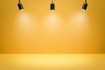 Empty photo studio backdrops and spotlight on yellow room background with showing scene. Yellow display or blank room. 3D rendering.