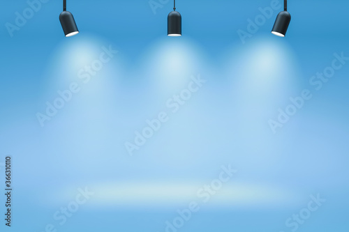 Empty photo studio backdrops and spotlight on blue room background with showing scene. Gradient blue or blank room. 3D rendering. photo