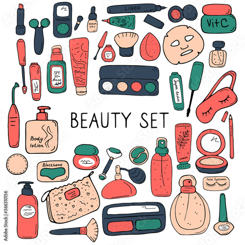 Beauty set for card, poster, banner, sticker, catalog, book. Make up and skin care products for cosmetic store, online shop. Cute icons for print and web. Vector illustration