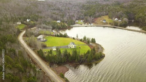 Aerial shot of small town with river in Canada during Autumn,Port Hawksbury , Nova Scotia, Canada photo