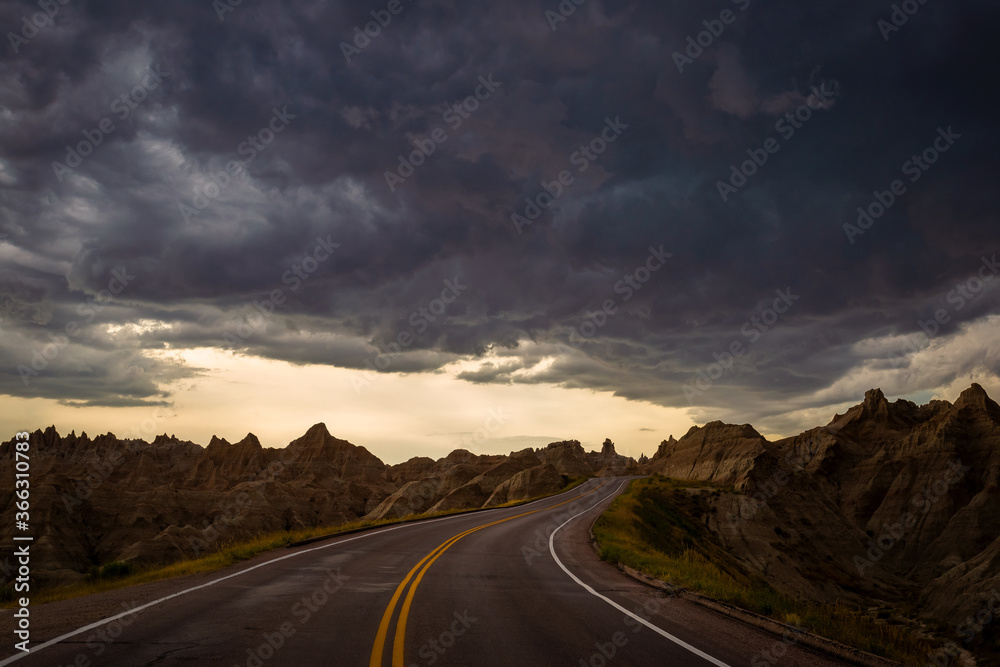 driving on the road in the badlands