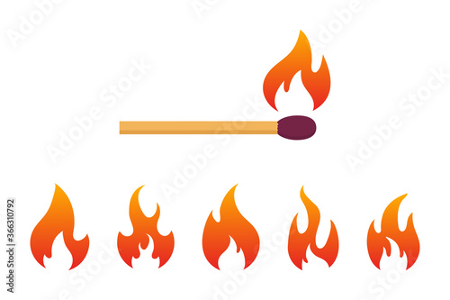 Burning match with a set of different fire shape. Flame and a matchstick. Igniting. Vector elements.