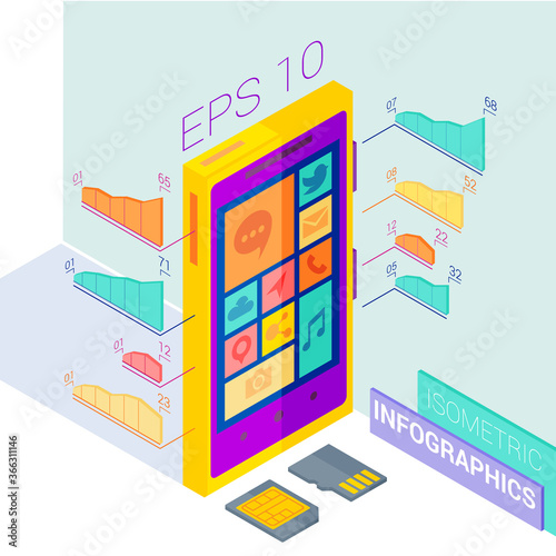 Mobile phone vector infographics, isometric, 3d in flat color design. Smartphone design concept.