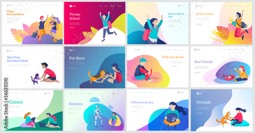 Landing page template with Happy school children joyfully jumping and laughing. Concept of happiness, gladness and fun. Vector illustration for banner