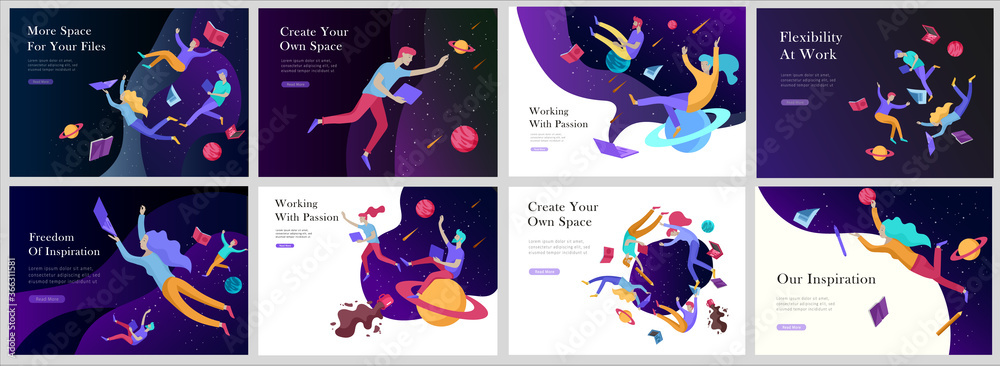 landing page templates set. Inspired People flying in space and reading ...