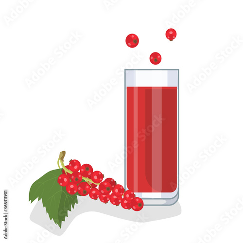 Red currant juice in a glass glass, next to red currant berries. White background, isolate. Vector illustration