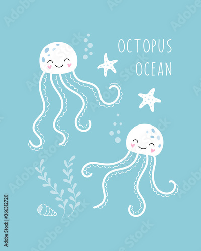 Cute octopuses, cartoon underwater animal. Vector illustration for children.