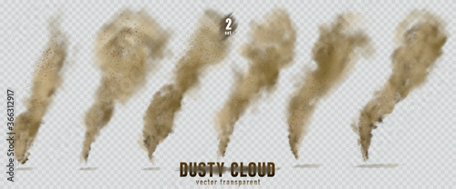 Dusty cloud or brown dry sand flying with a gust of wind, sandstorm, explosion realistic texture with small particles or grains of sand illustration 2 set isolated on transparent background. Vector.
