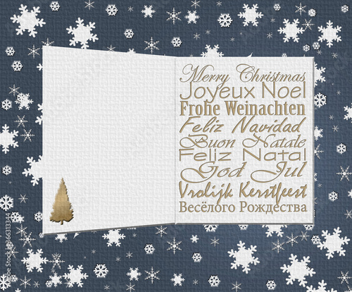 Merry Christmas business card. Christmas wishes in European languages English, French, German, Portuguese, Italian, Spanish, Swedish, Dutch, Russian. Copy space. Mock up Card Poster 3D illustration