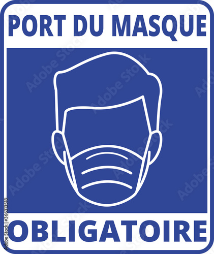 affiche pour le port du masque obligatoire en bleu avec un homme en blanc portant un masque sur un fond bleu