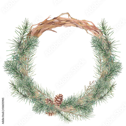 Watercolor Christmas tree wreath. Hand painted vintage round frame with branches, pinecone and leaves isolated on white background.