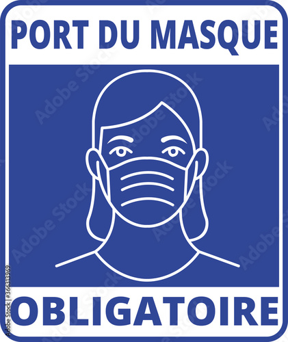 affiche pour le port du masque obligatoire en bleu avec une femme en blanc portant un masque sur un fond bleu