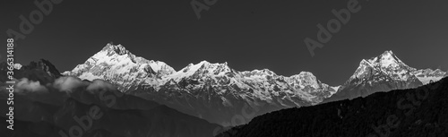 A panoramic view of Mt Kanchenjunga in monochrome with the entire mountain range visible in Sikkim India