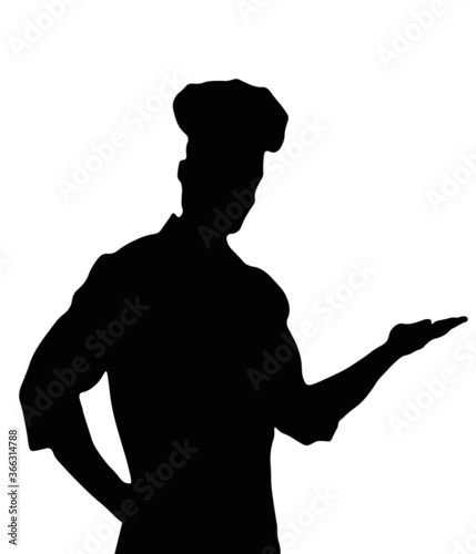 chef, waiter, restaurant, kitchen, black silhouette.