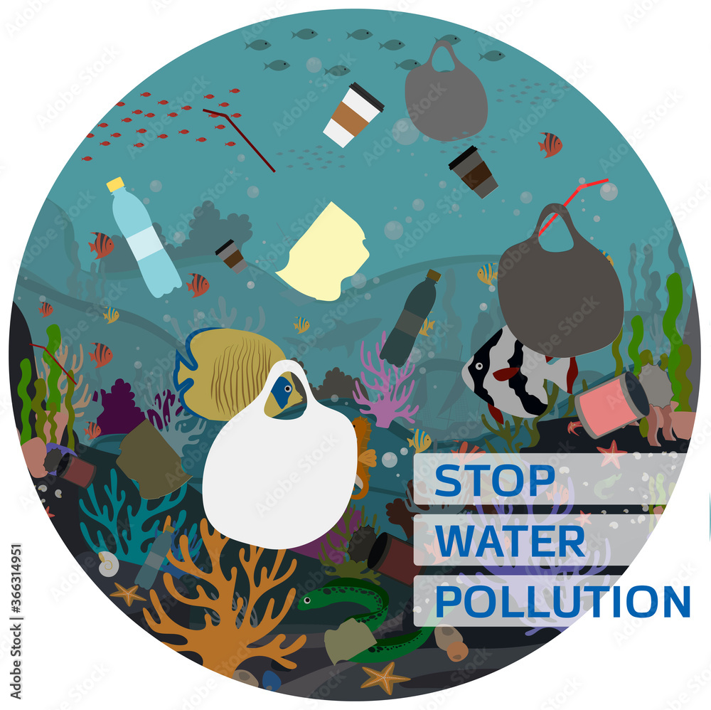Naklejka premium Flat vector illustration for protecting water and the environment from pollution. A picture of the underwater world with corals, fish, Moray eels, algae, polluted with garbage, plastic and waste